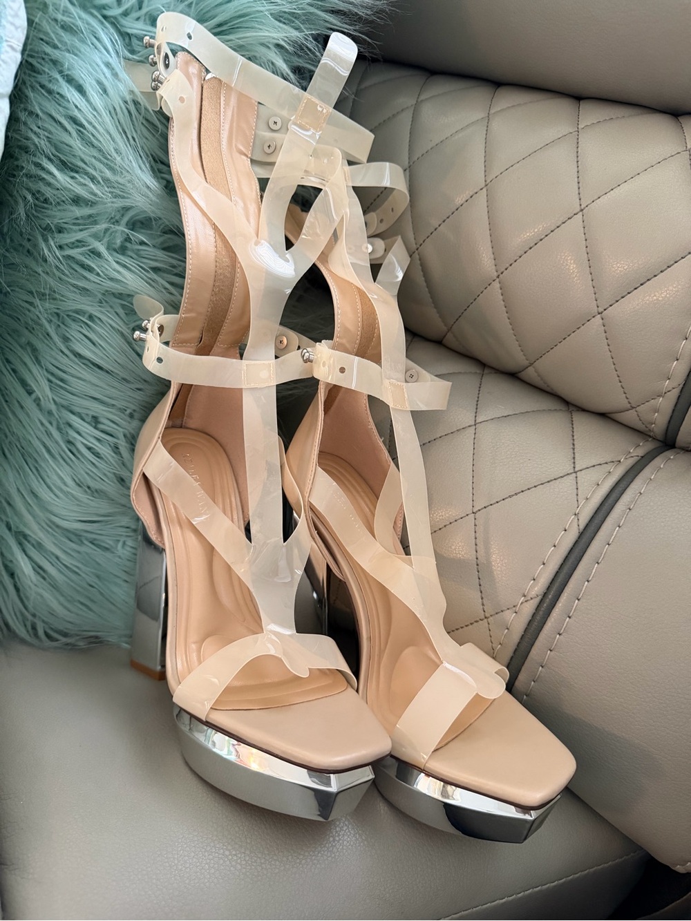 Nude Patent Strap Platform Heels with Silver Trim